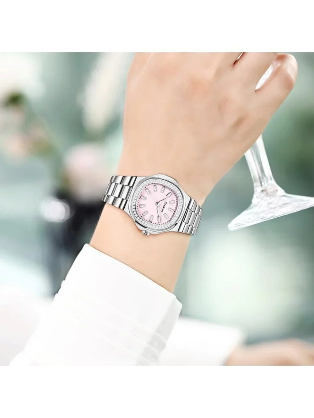 Women's Silver Pink Crystal Accented Solid Stainless Steel Band Wrist Watch